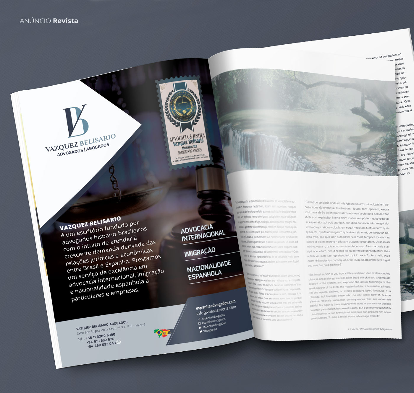 Anúncio para revista - 1 página - desenvolvido para a empresa Espanha Advogados - Vazquez Belisário